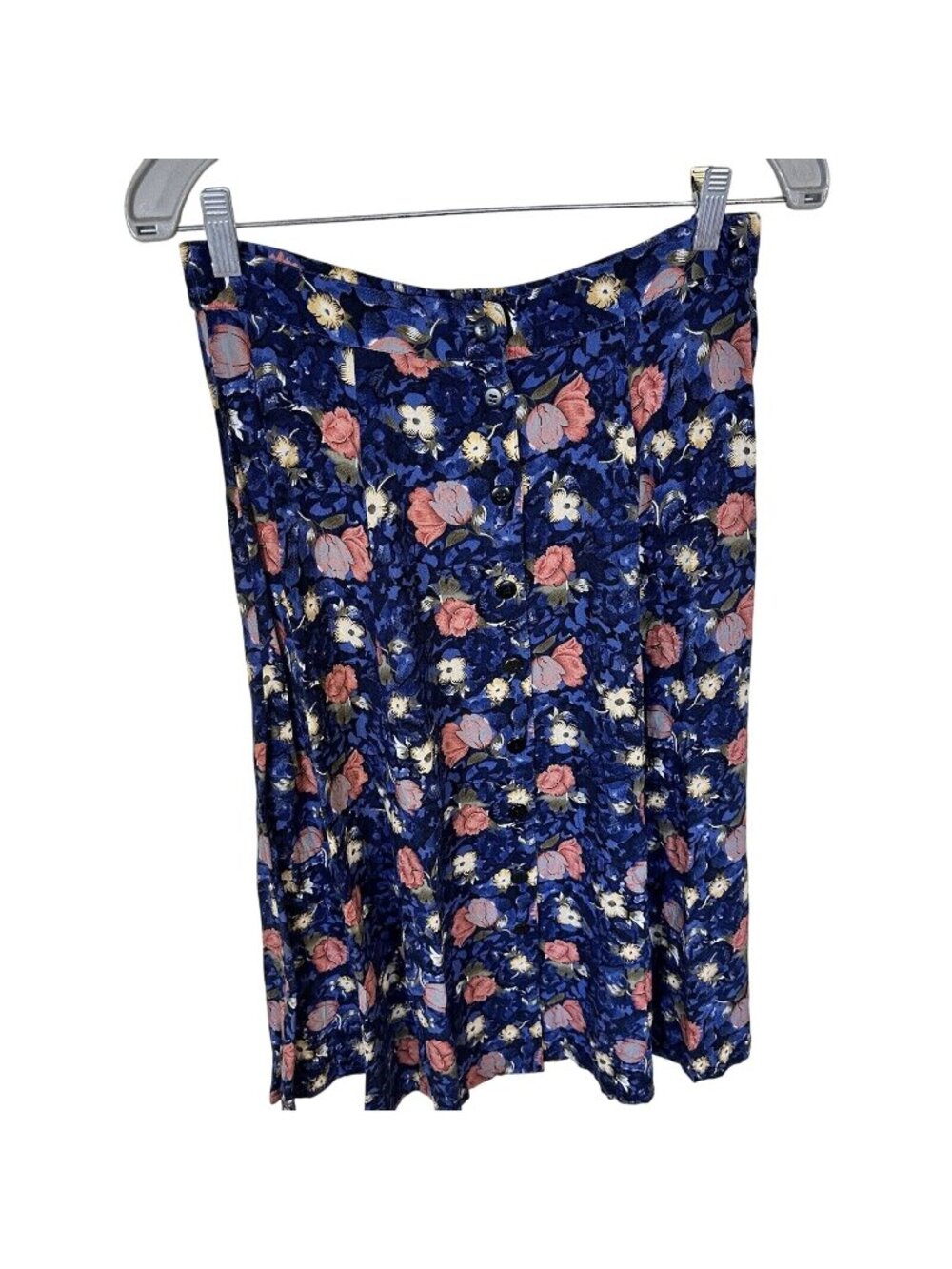 Vtg 1990s Womens Midi Skirt Button Front Blue Floral Small Rayon Y2K